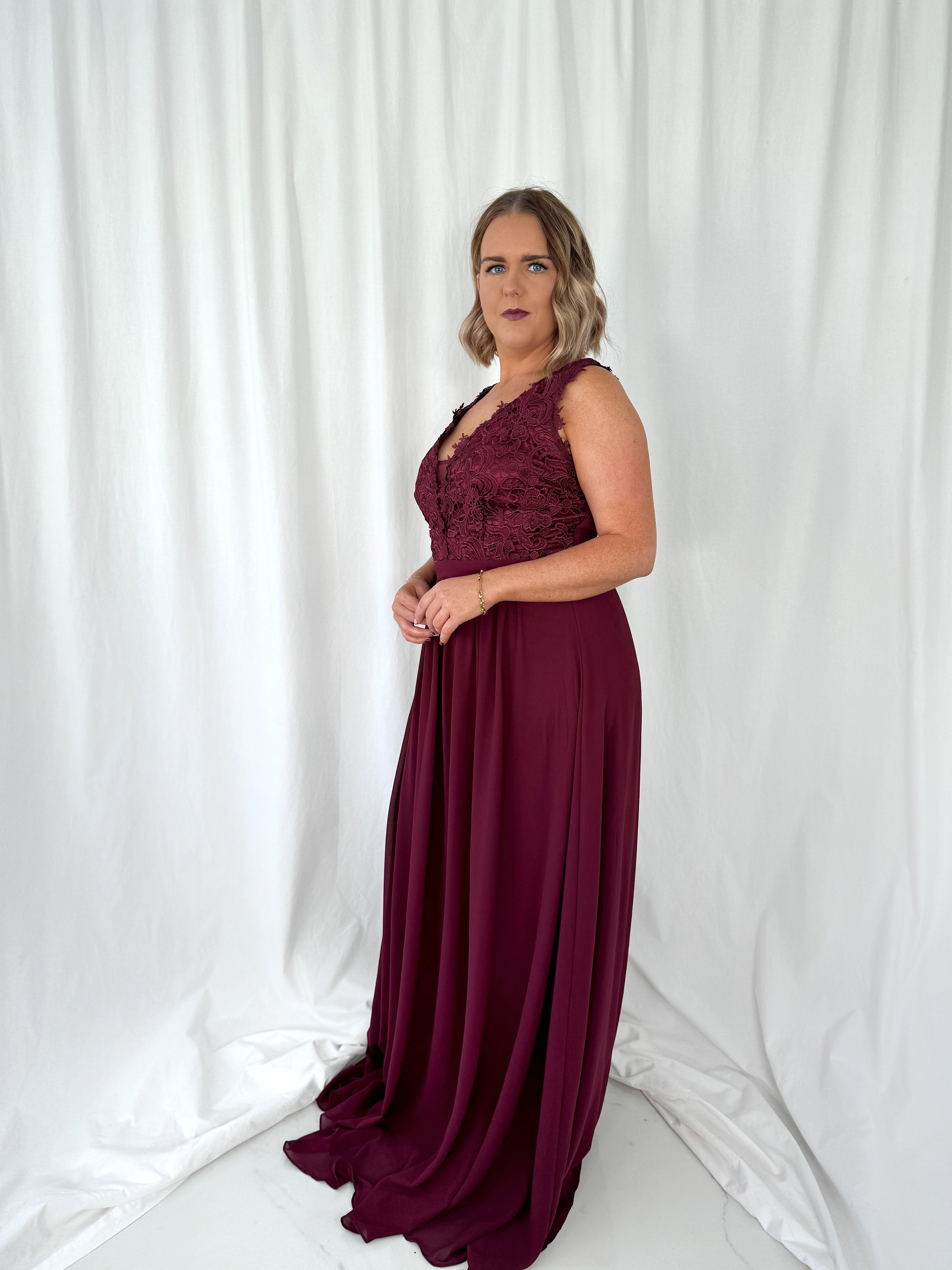 Telma Broderie Top Pleated Maxi Dress - Wine