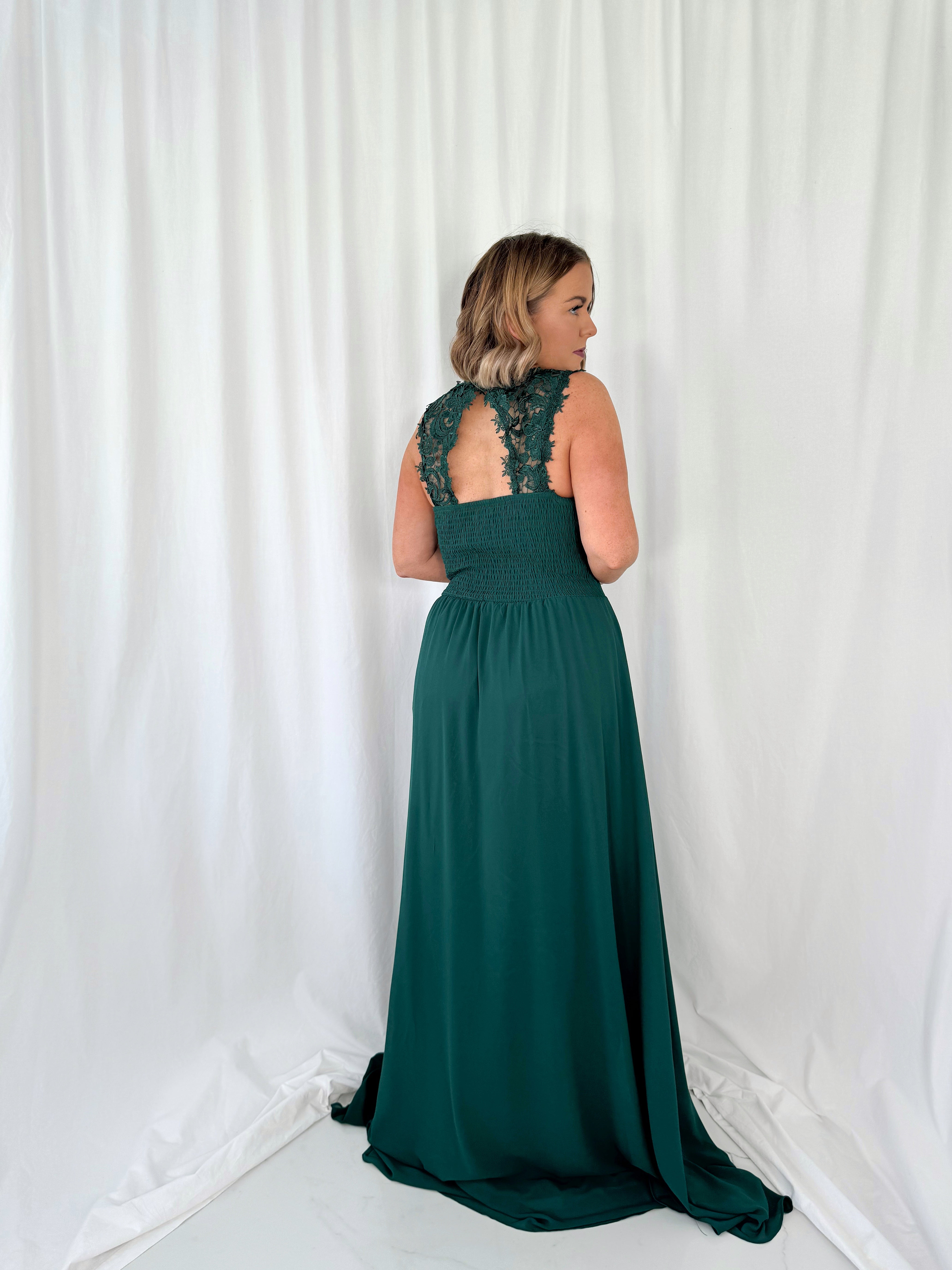 Telma Broderie Top Pleated Maxi Dress - Dark Green