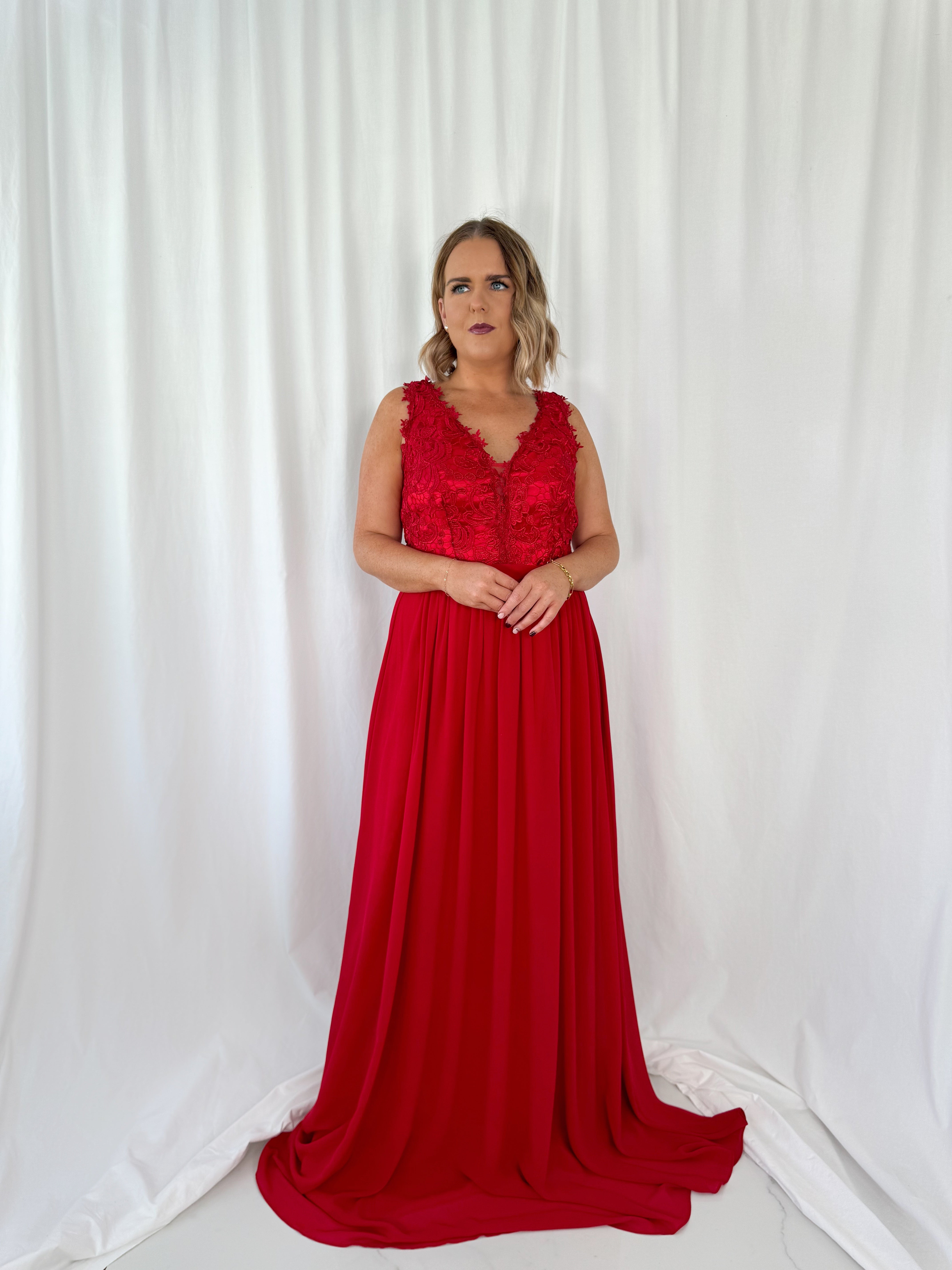 Telma Broderie Top Pleated Maxi Dress - Red