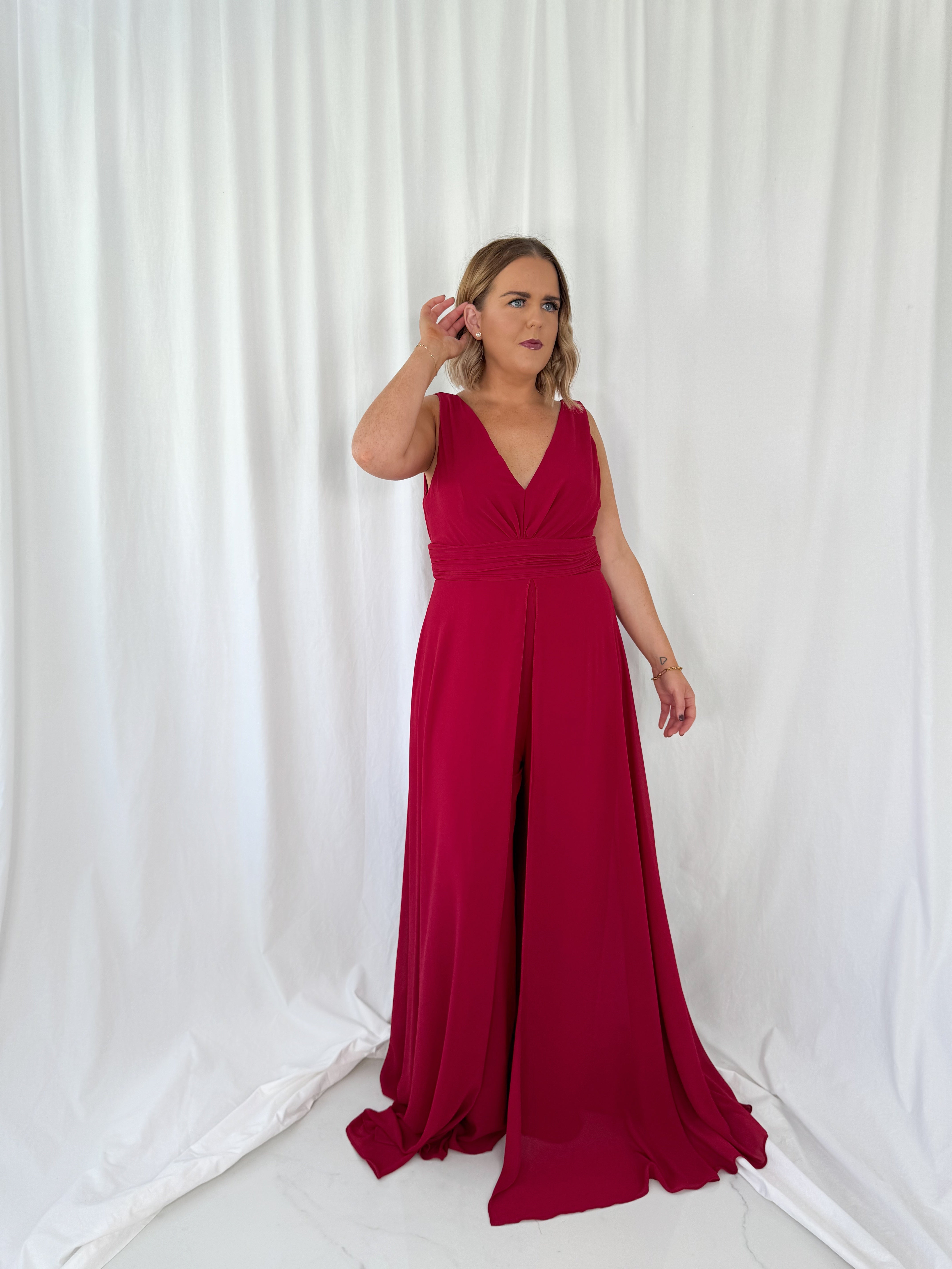Curve Jumpsuit with a Cape - Cherry