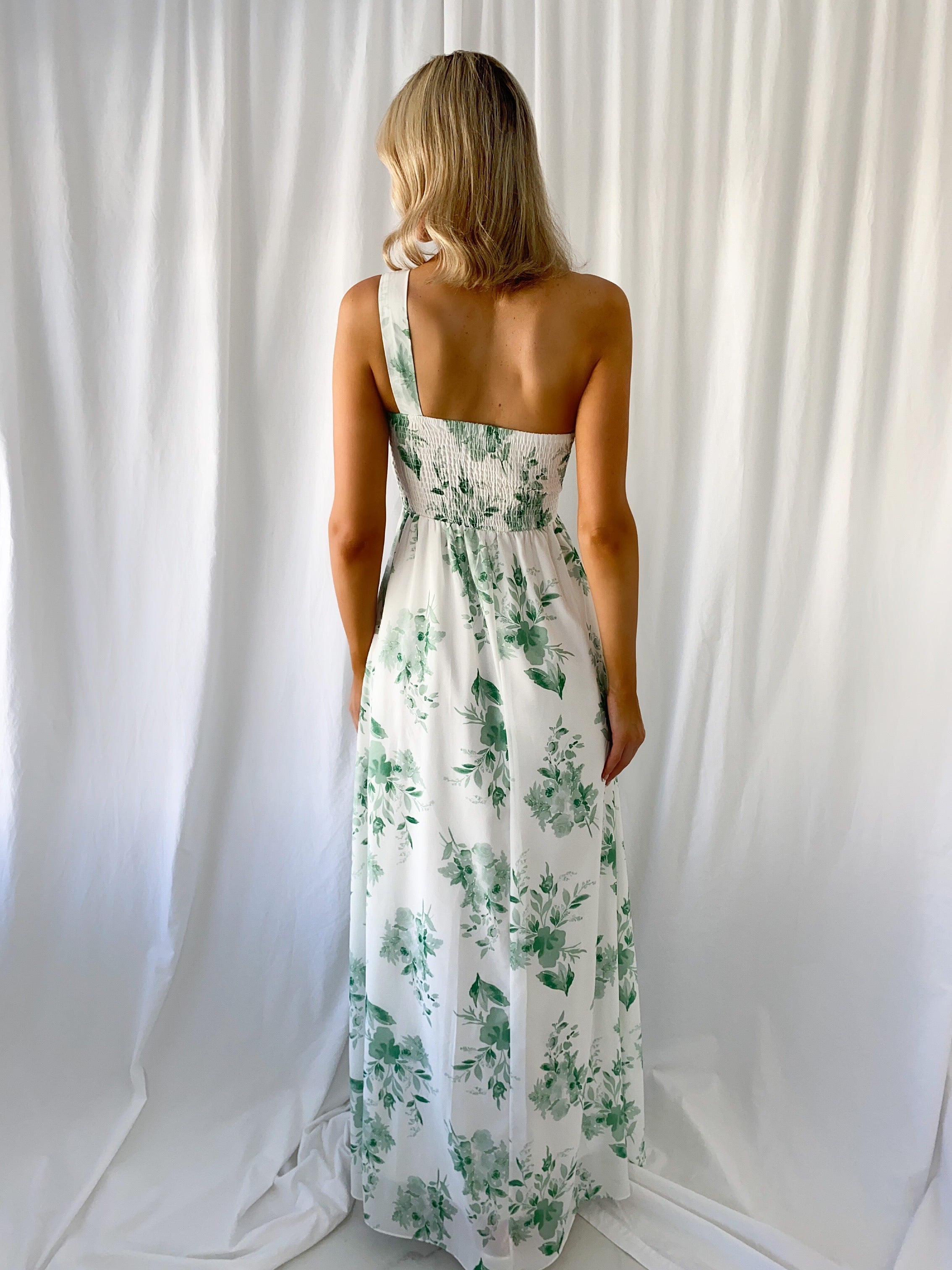 Stephanie One Shoulder Draped Top Floral Dress - Green