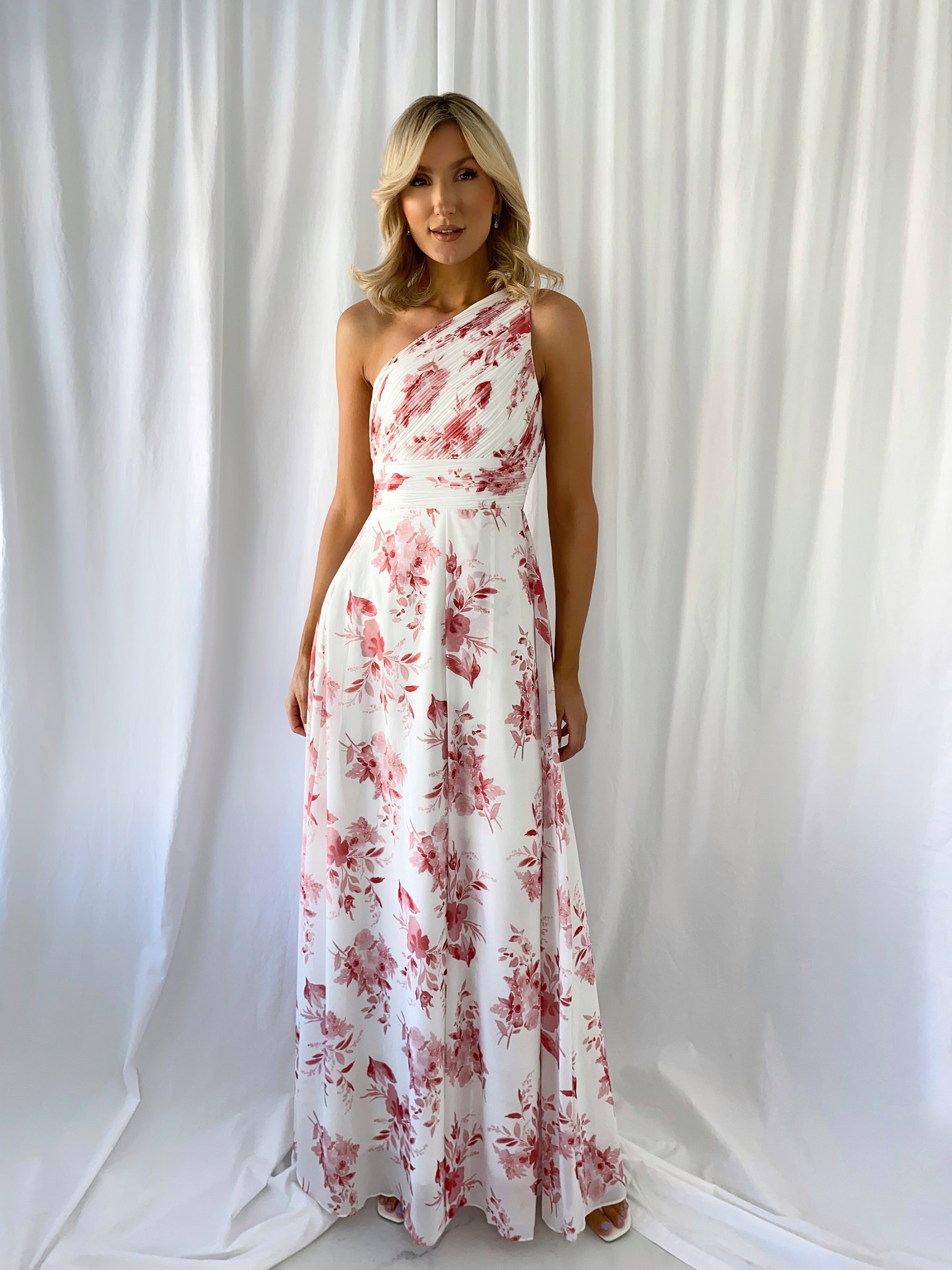 Stephanie One Shoulder Draped Top Floral Dress - Pink