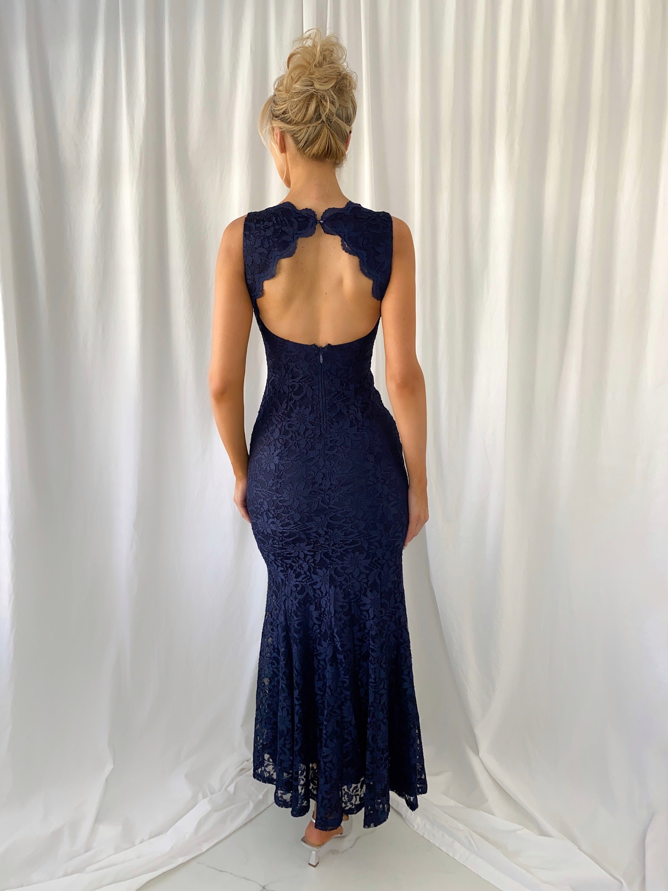 Raquel Embroidered Open Back Dress - Navy