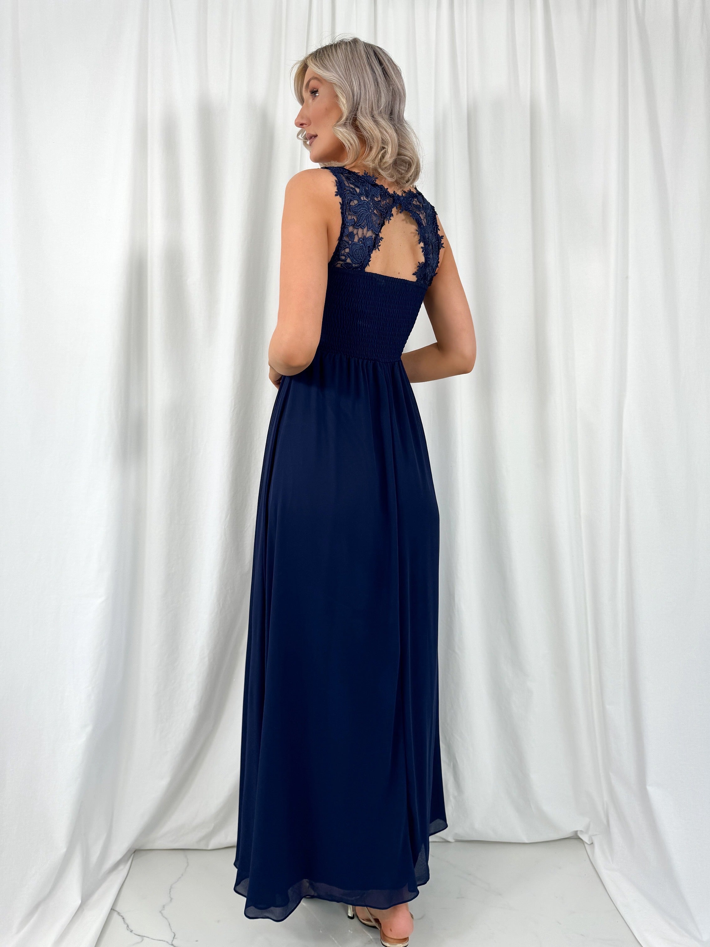 Telma Broderie Top Pleated Maxi Dress - Navy