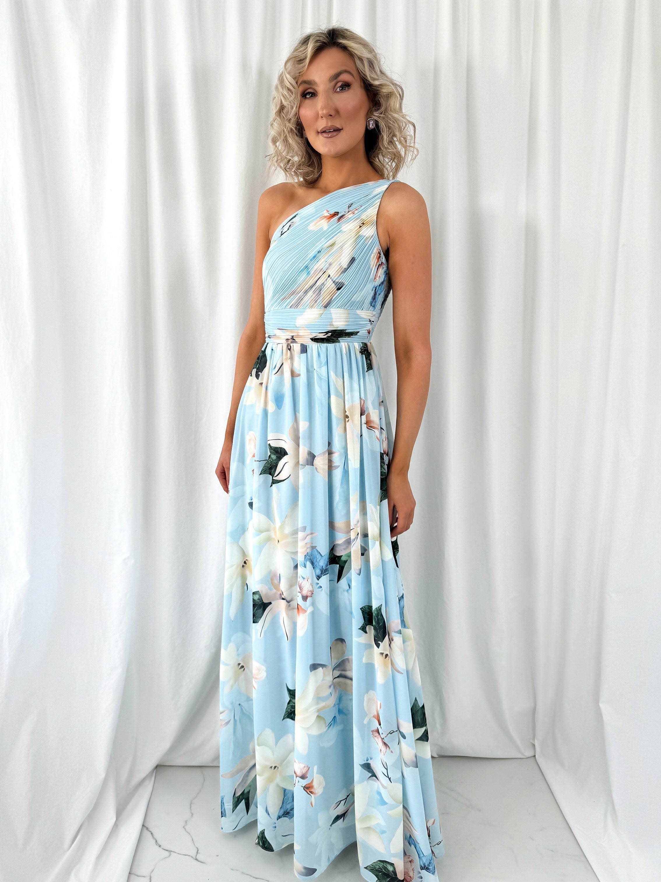 Ashley Maxi Dress with Draped One Shoulder Top - Light Blue