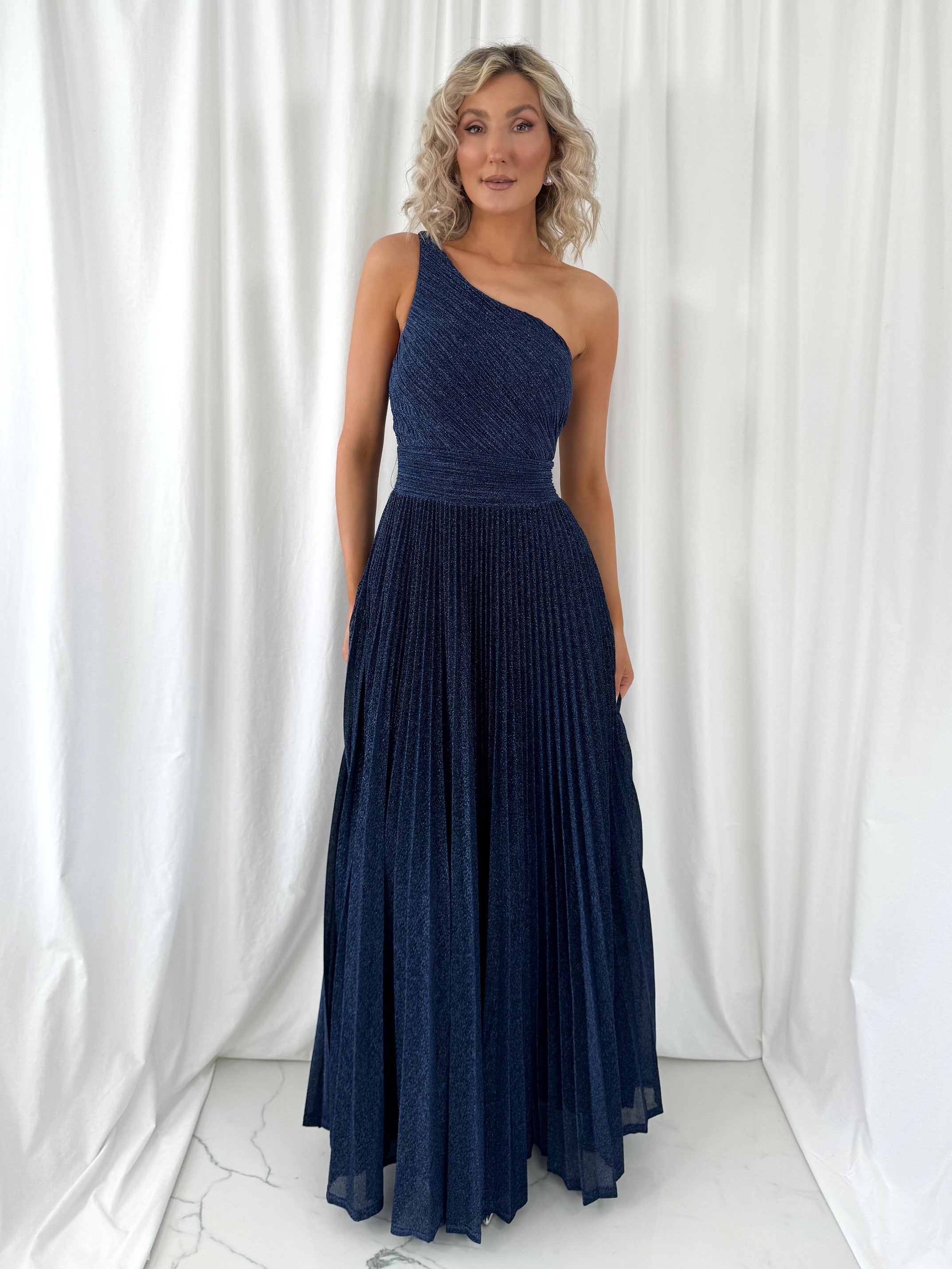 Coraly Bright Pleated Maxi Dress with Draped One Shoulder Top - Navy