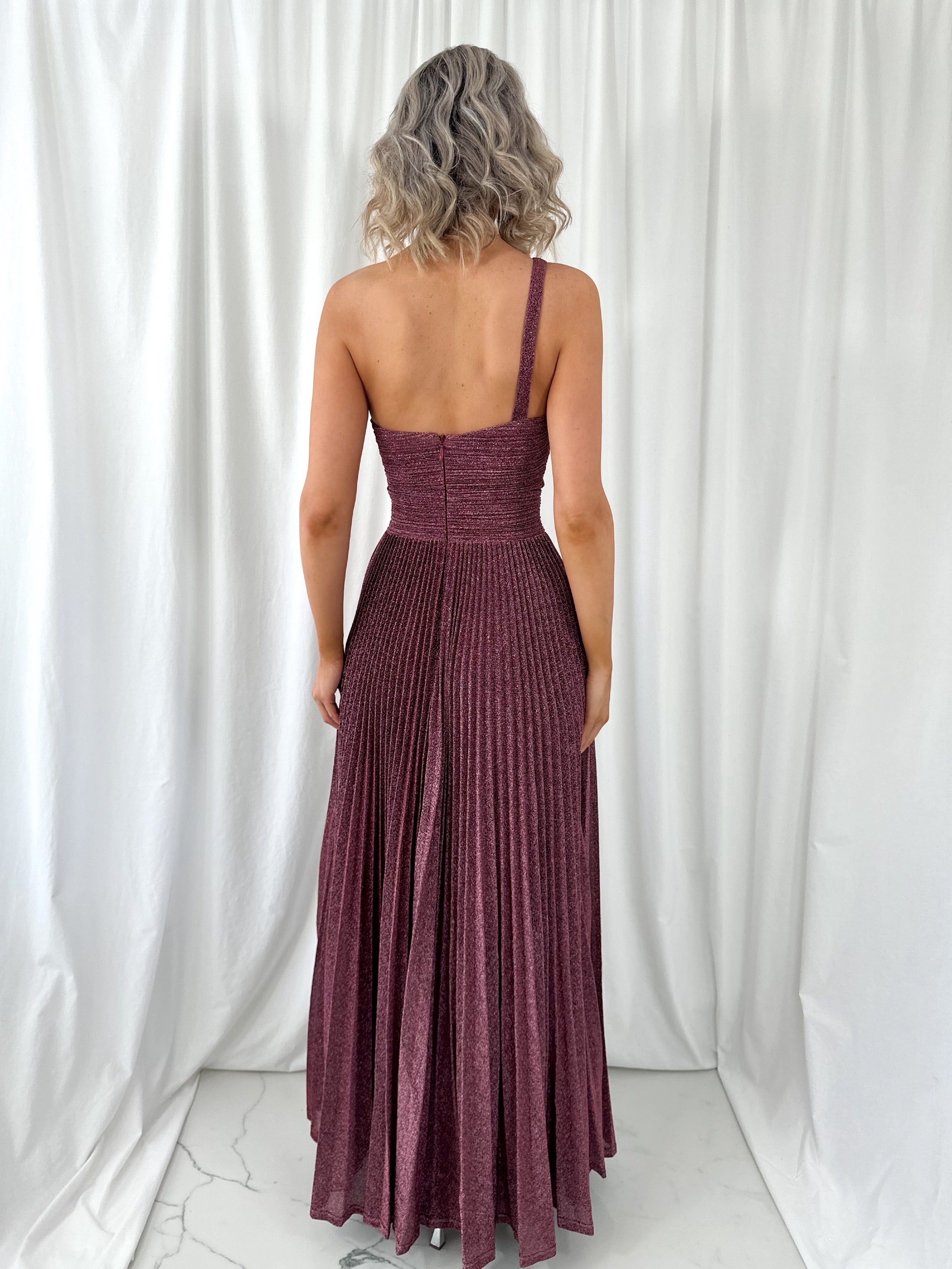 Coraly Bright Pleated Maxi Dress with Draped One Shoulder Top - Burgundy