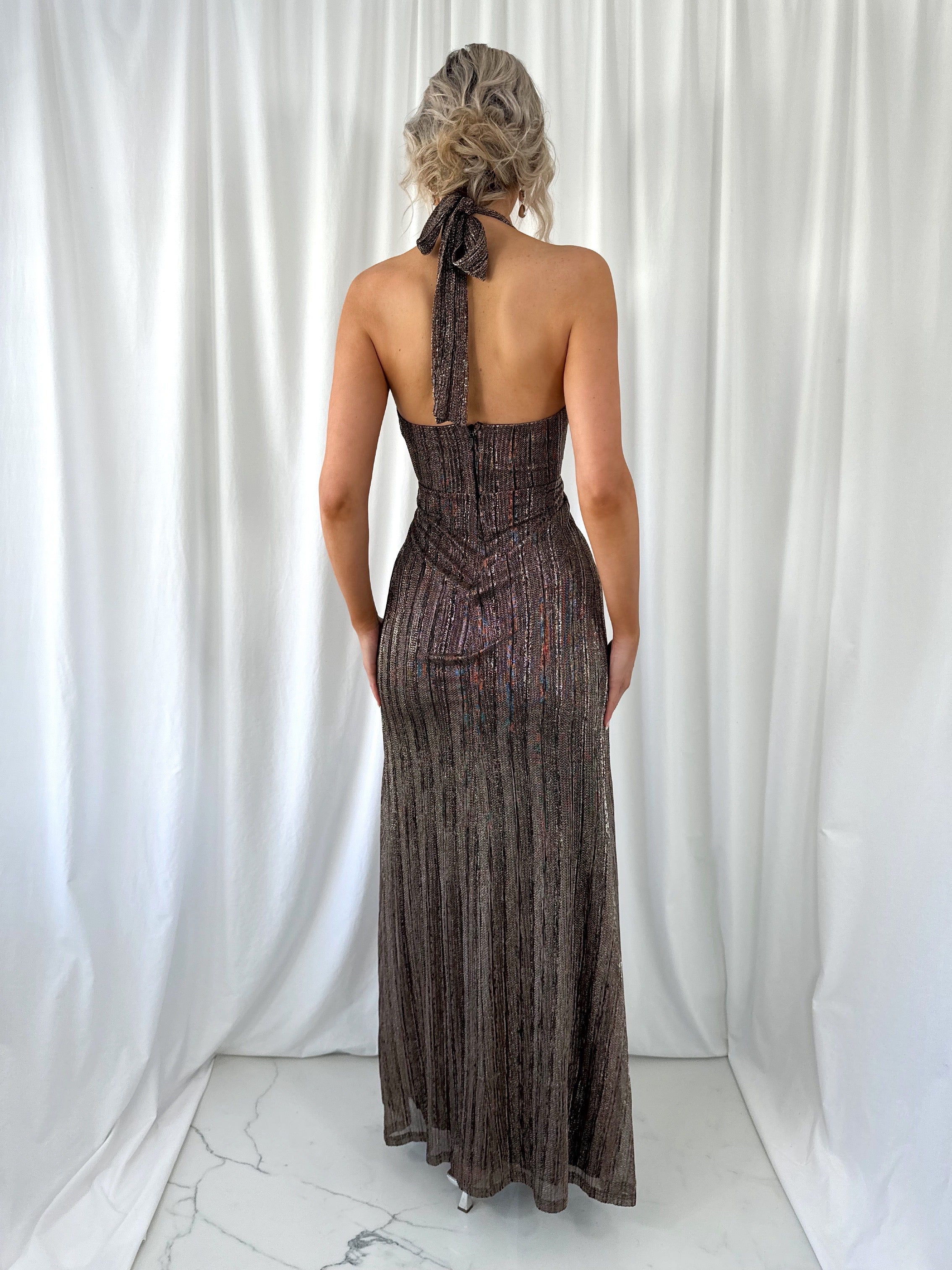 Christine Halter Neck Maxi Dress with Front Open Slit - Gold