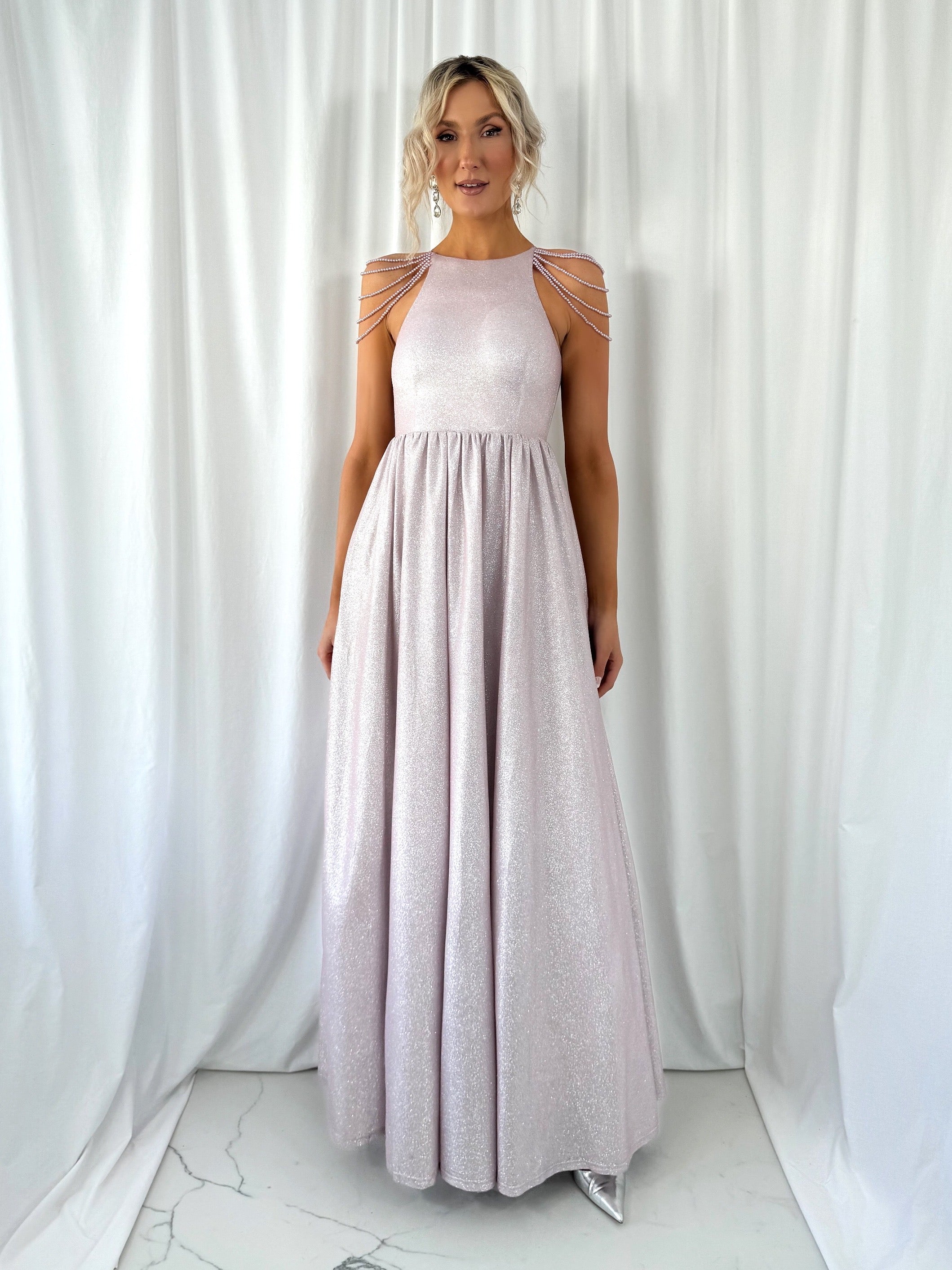 Annabelle Maxi Bright Dress with Chains Over The Shoulder - Rose