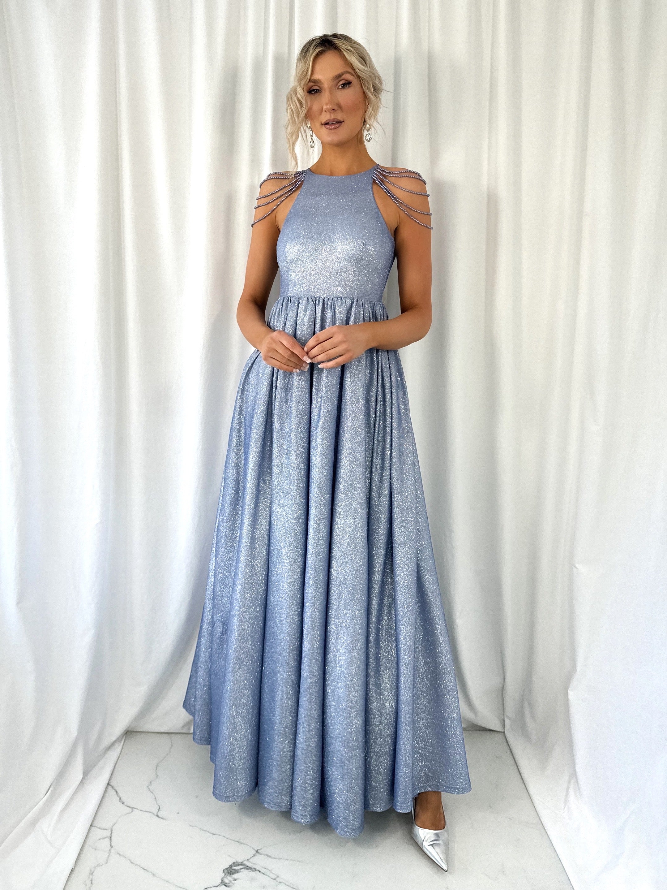 Annabelle Maxi Bright Dress with Chains Over The Shoulder - Blue