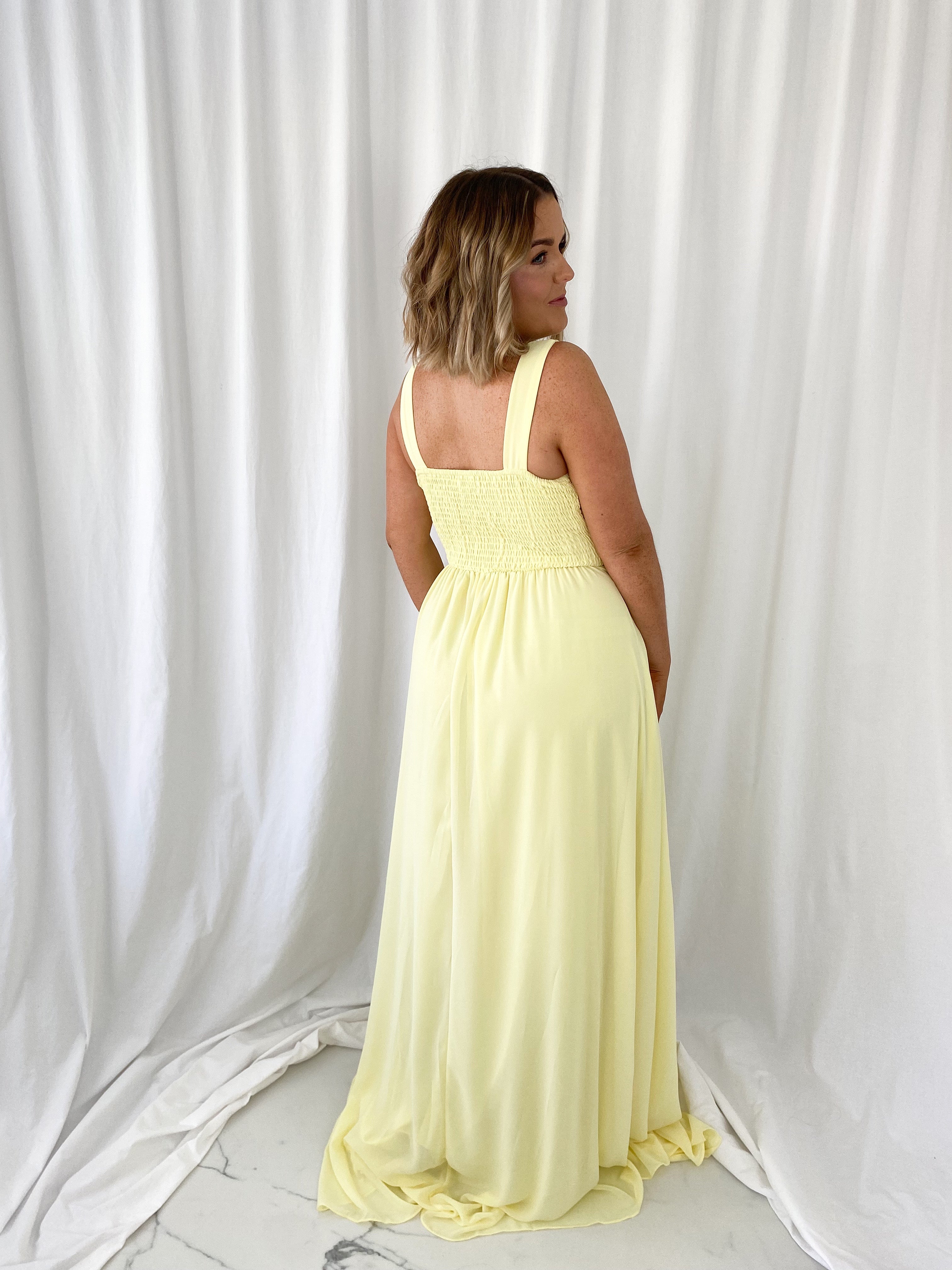 Darlene Maxi Dress with Open Slit - Light Yellow