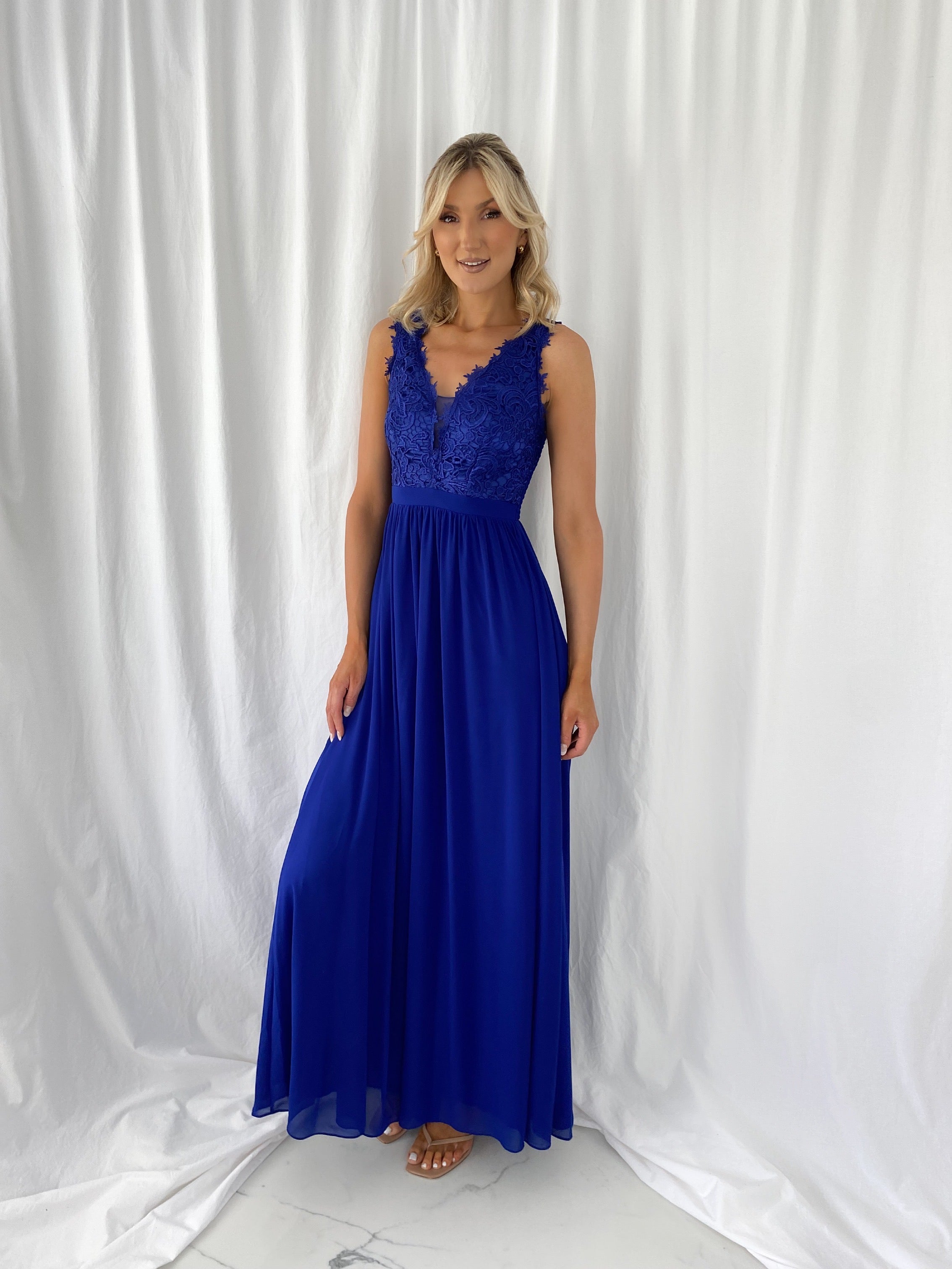 Telma Broderie Top Pleated Maxi Dress - Royal Blue
