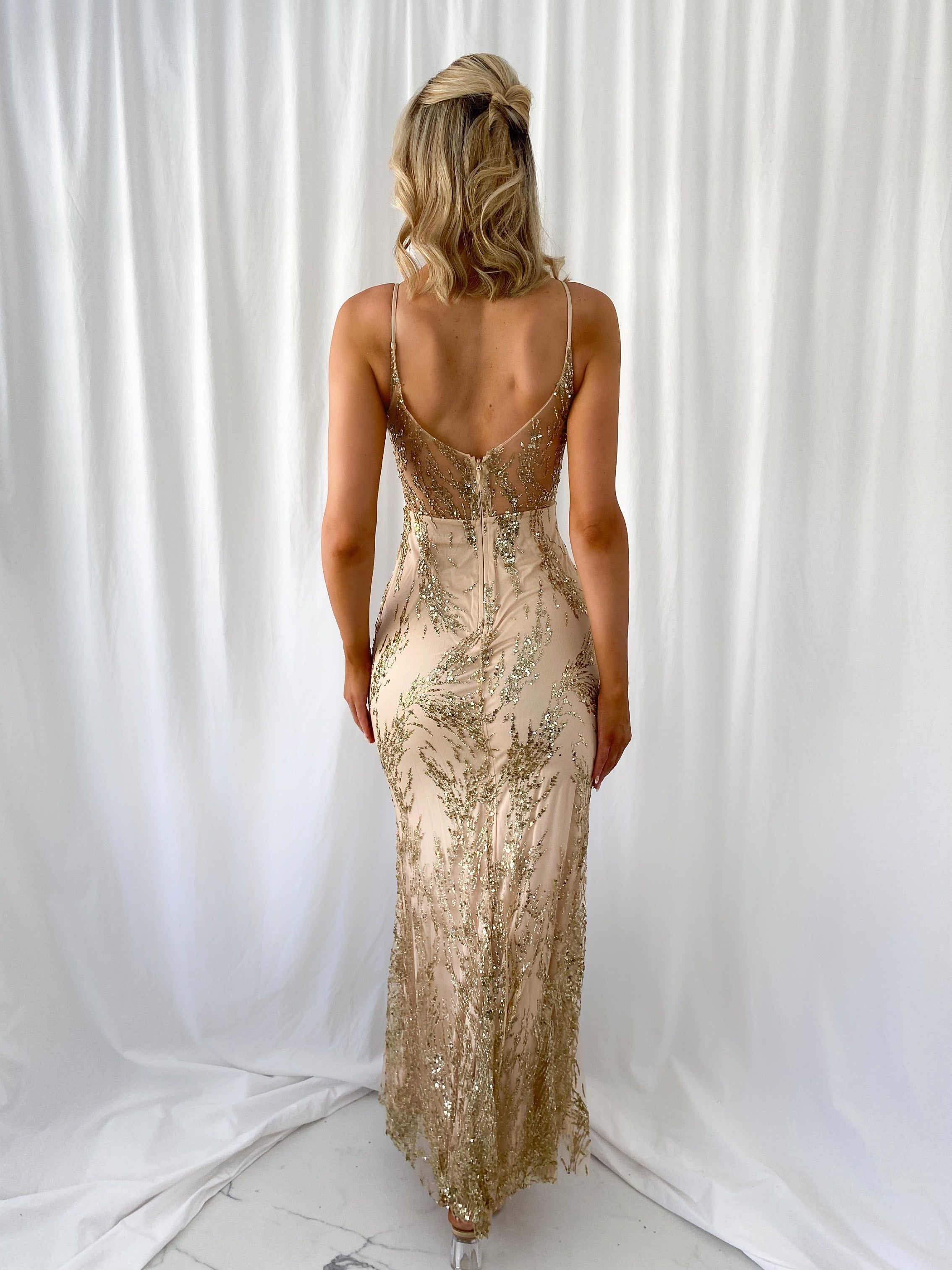 Evita Embroidered Sheer Maxi Dress - Gold