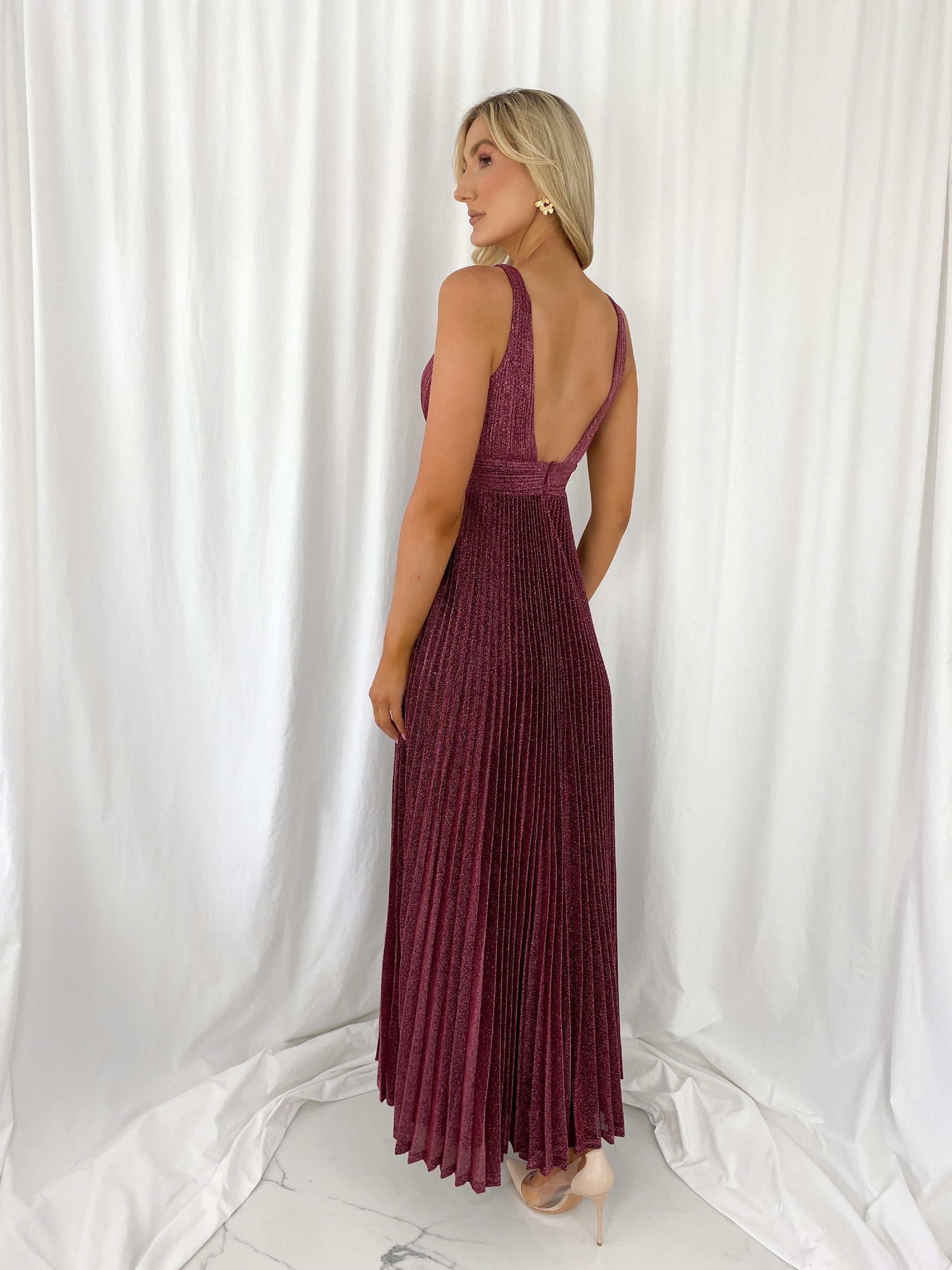 Joely Pleated Maxi Glitter Dress - Wine