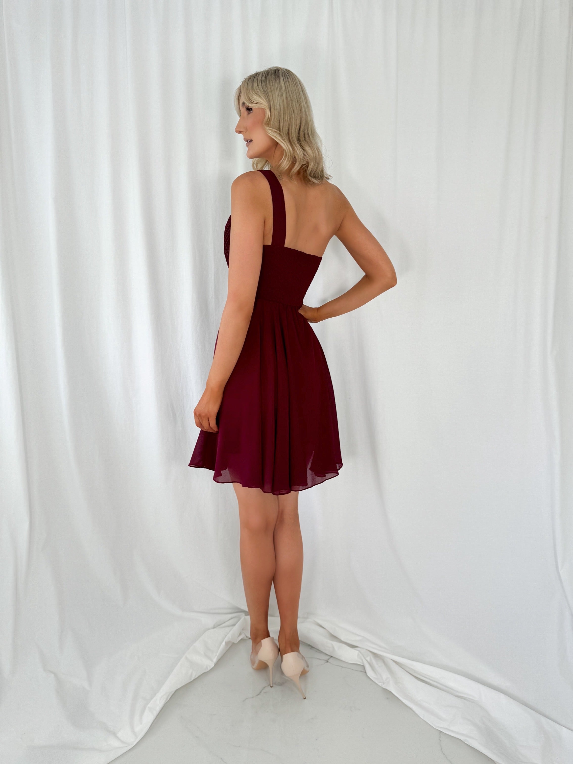 Catia One Shoulder Mini Dress - Wine