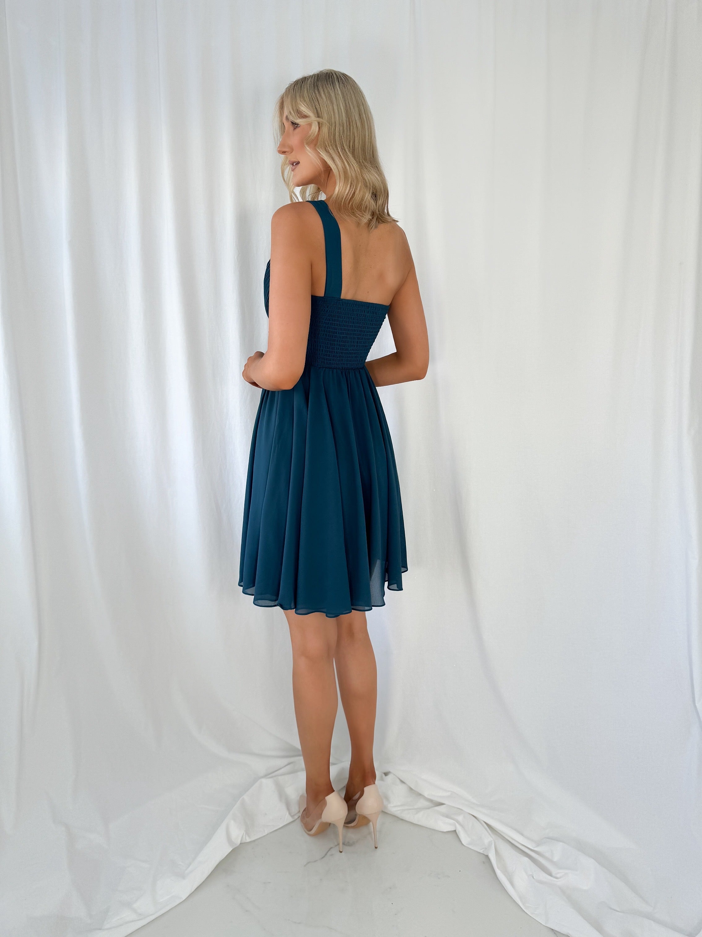 Catia One Shoulder Mini Dress - Petroleum