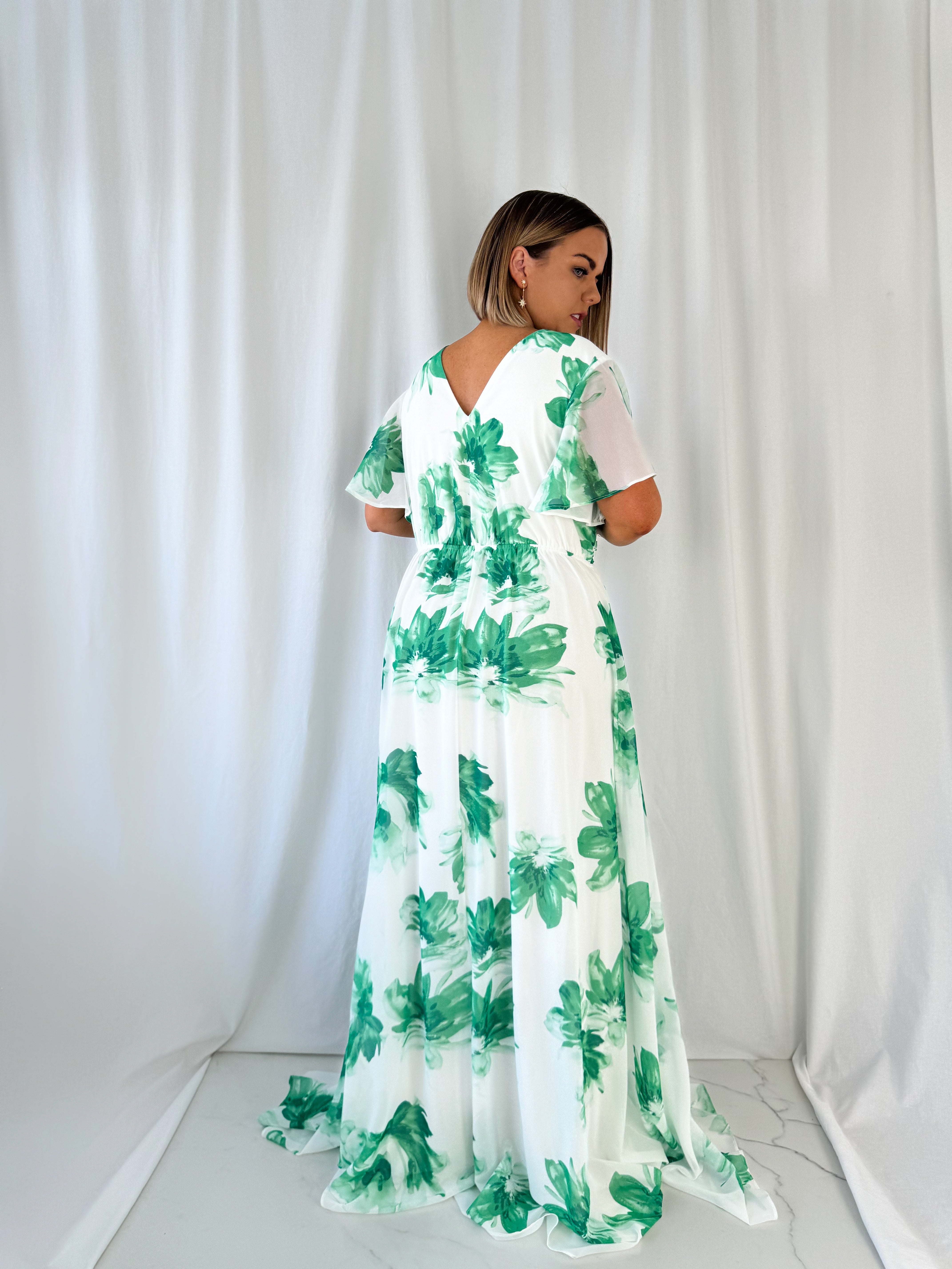 Vicky Maxi Floral Curve Dress - White and Green