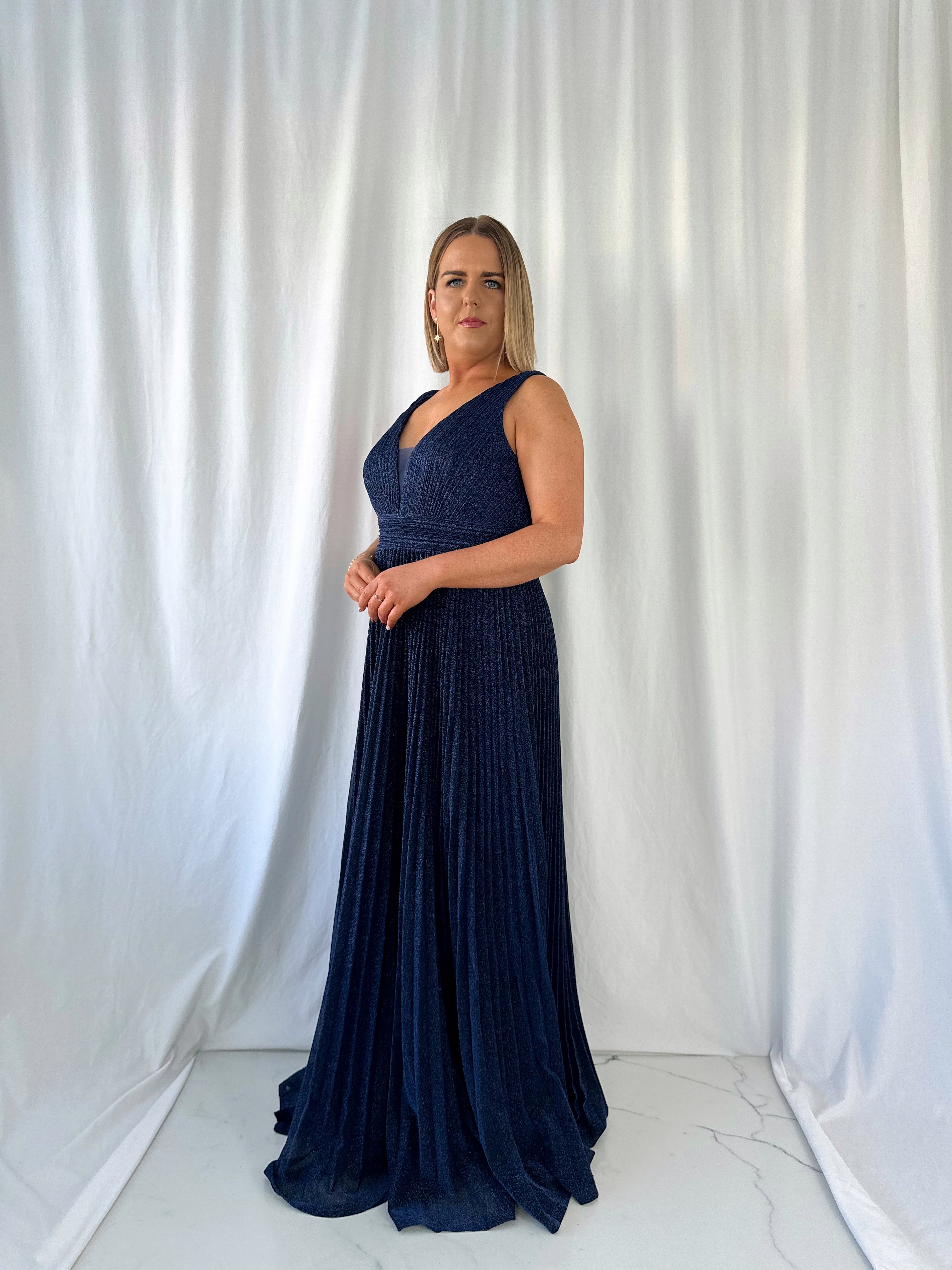 Joely Pleated Maxi Glitter Curve Dress - Navy