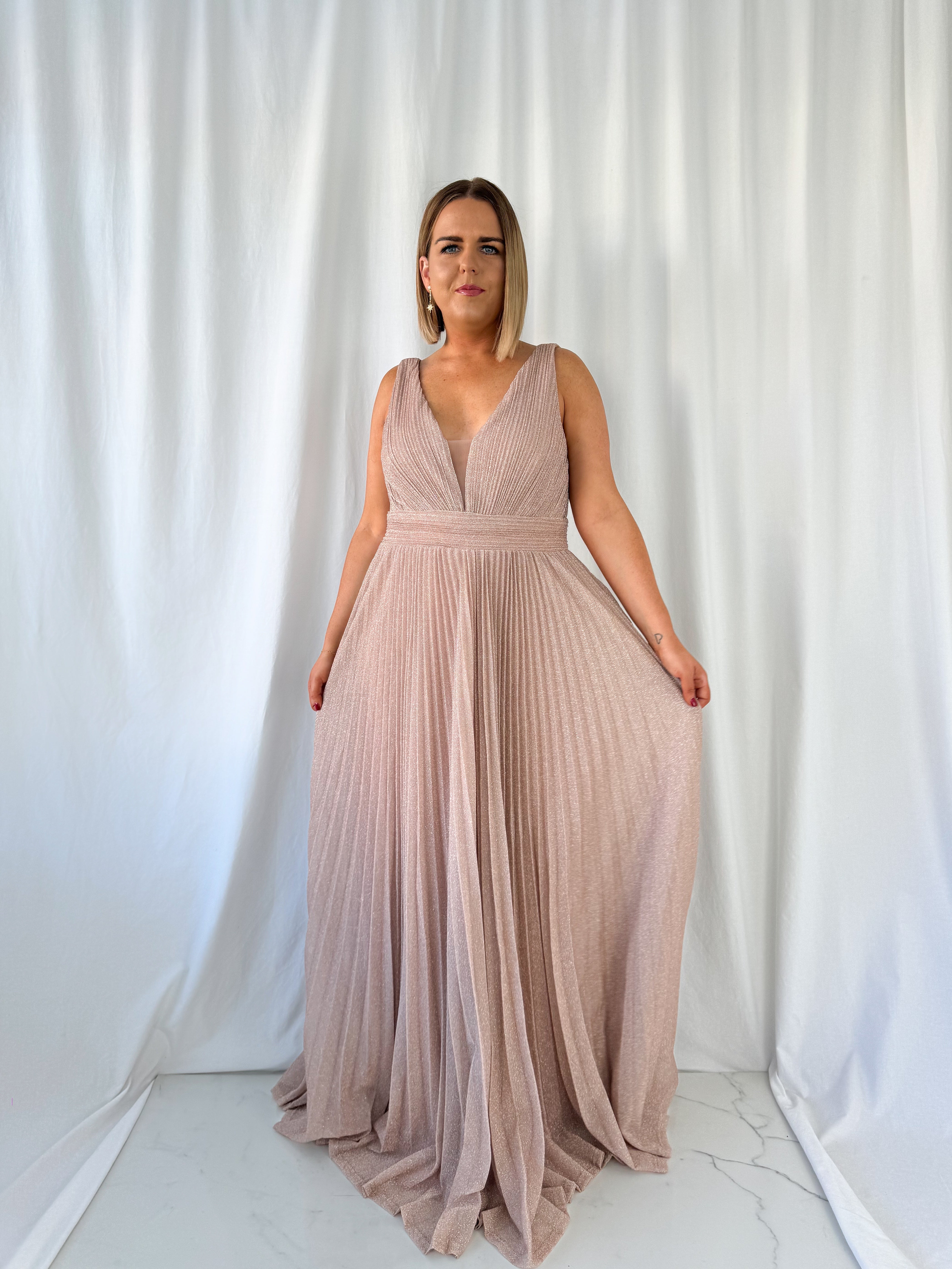 Joely Pleated Maxi Glitter Dress - Old Rose