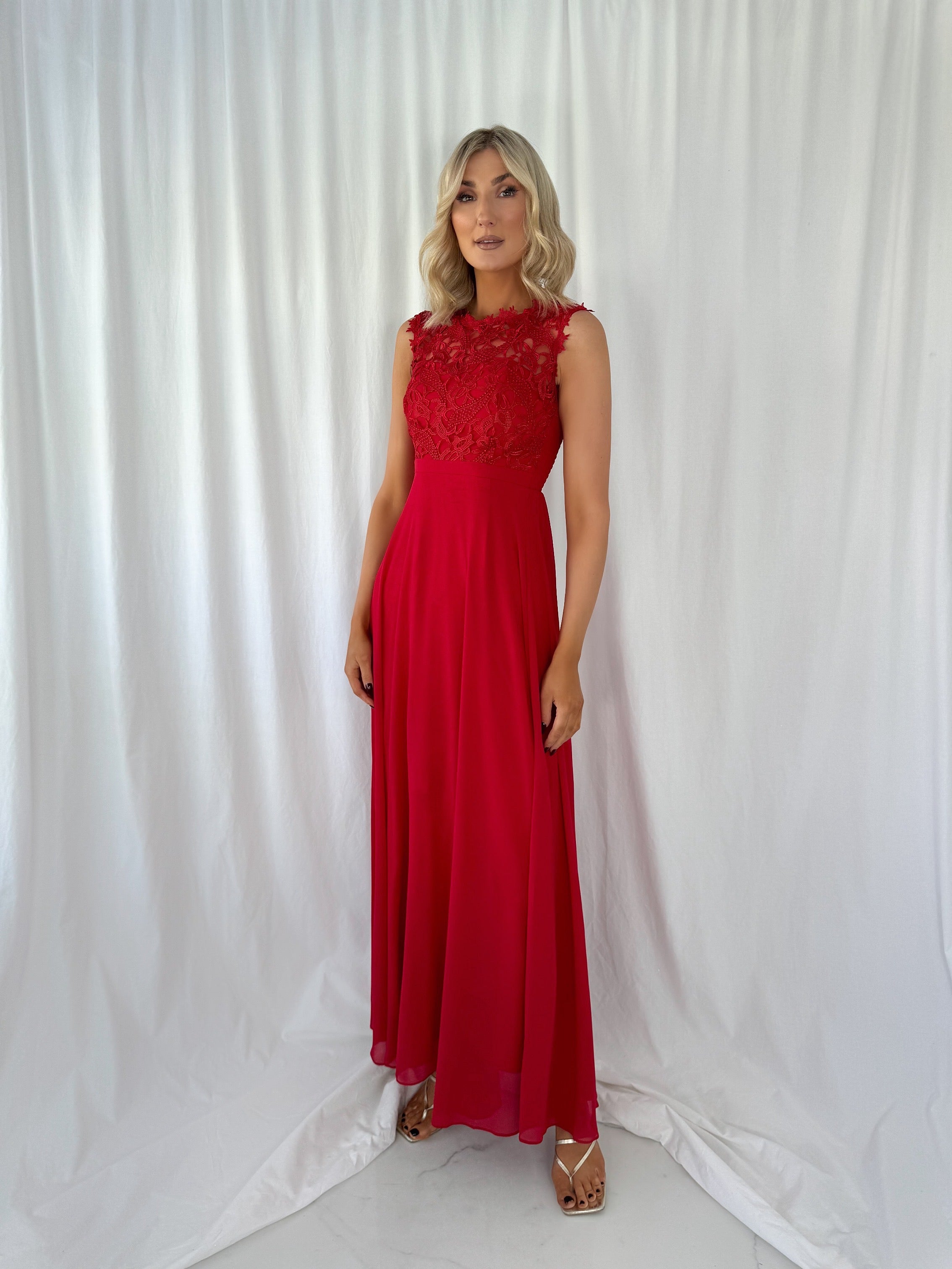 Savina Maxi Dress with Embroidered Top - Red